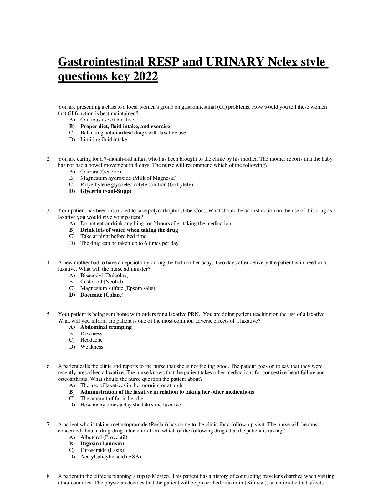 Preview image for Gastrointestinal RESP and URINARY Nclex style questions key 2022